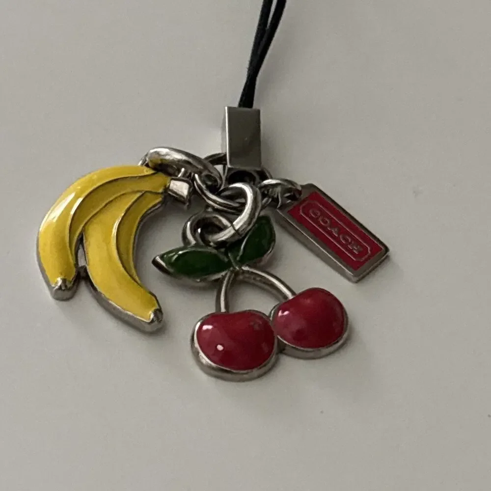 Coach Enamel Cherry & Bananas vintage Y2K phone Charm Silver Tone 3” Long